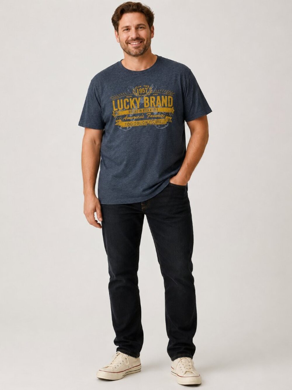 Lucky Brand Graphic Tee XXL Blue Heather Short Sleeve Crewneck Americana Logo